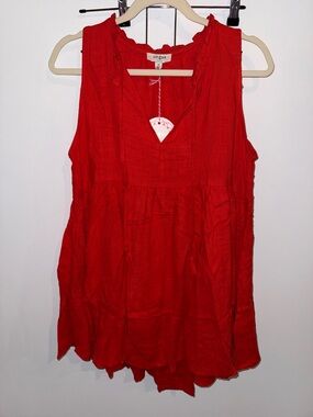 Umgee Women’s Red Sleeveless Ruffle V-Neck Tank